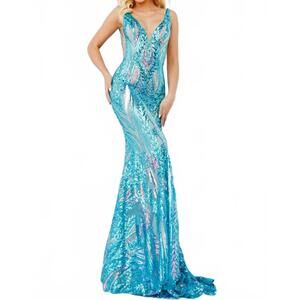 NEW JOVANI v neck embellished prom maxi dress in irredescent jade